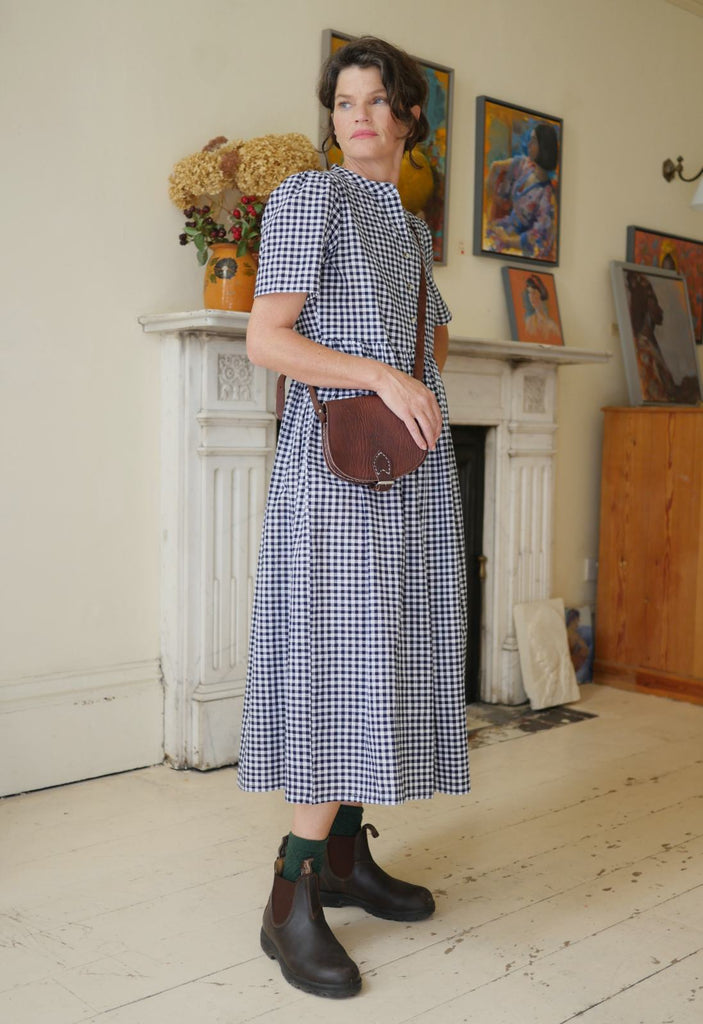 Collarless Dress - Navy Gingham with leather saddle bag