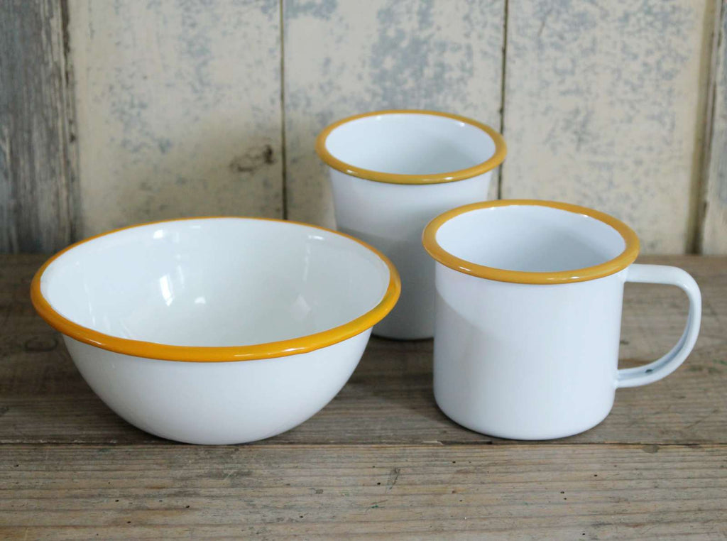 Enamel Cereal Bowl, enamel mug and enamel tumbler - Mustard Rim