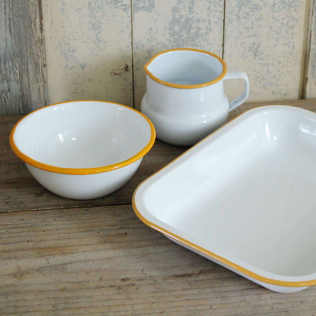 Enamel Cereal Bowl, enamel jug and roasting tin- Mustard Rim