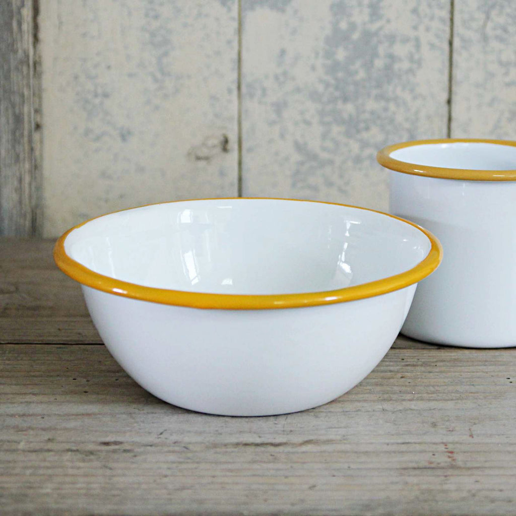 Enamel Cereal Bowl - Mustard Rim with matching mug