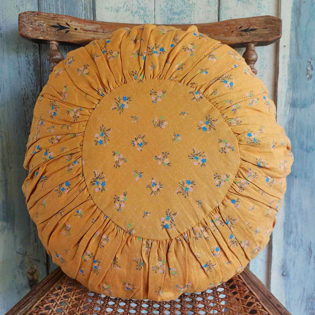 Vintage Round linen cushion, Mustard Floral