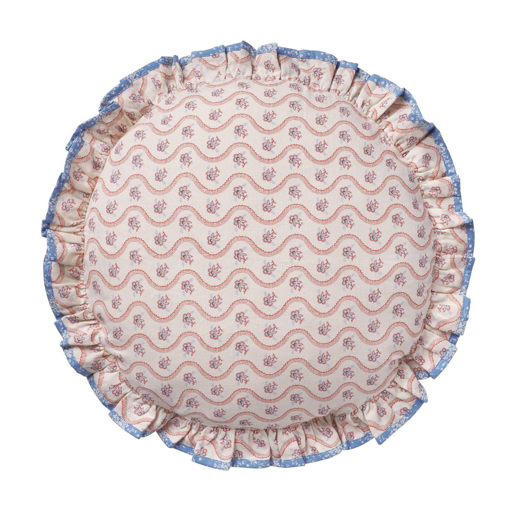 Round Linen Cushion - Floral Pink & Cornflower