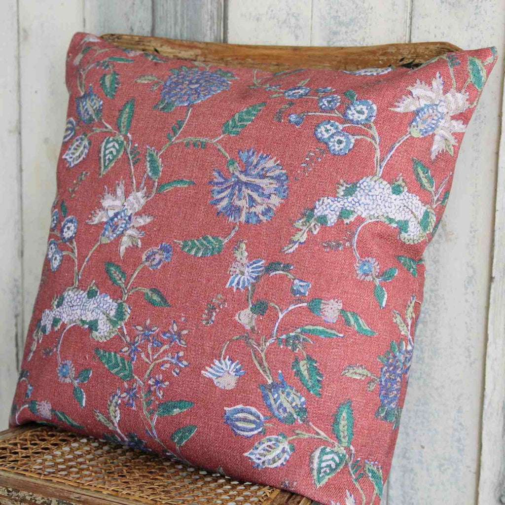 Rustic Floral Linen Cushion - Rust & Blue