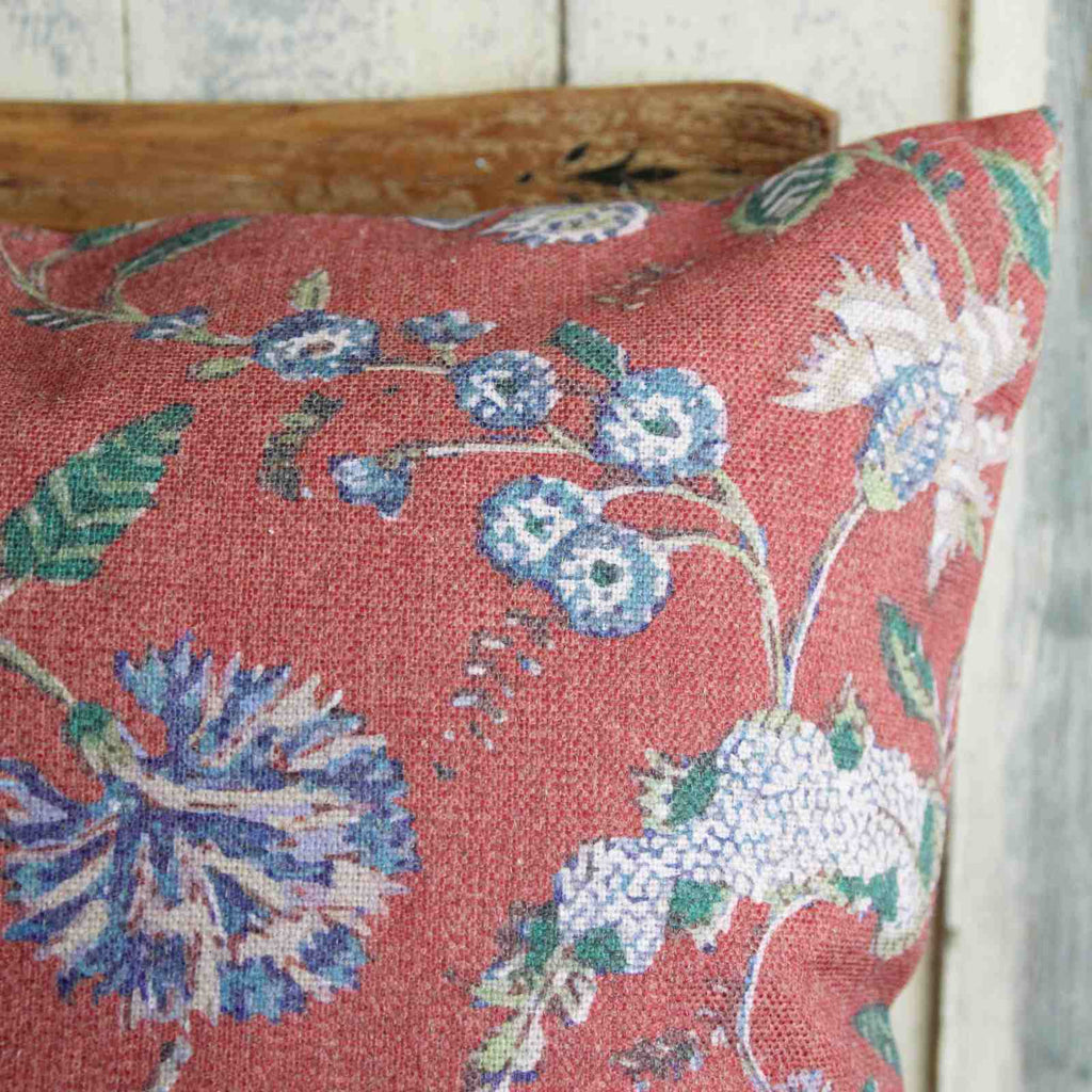 Rustic Floral Linen Cushion - Rust & Blue