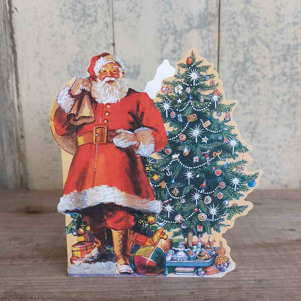 Single Christmas Card - Santa. Classic Victorian style traditional Christmas card featuring Father Christmas by the tree.