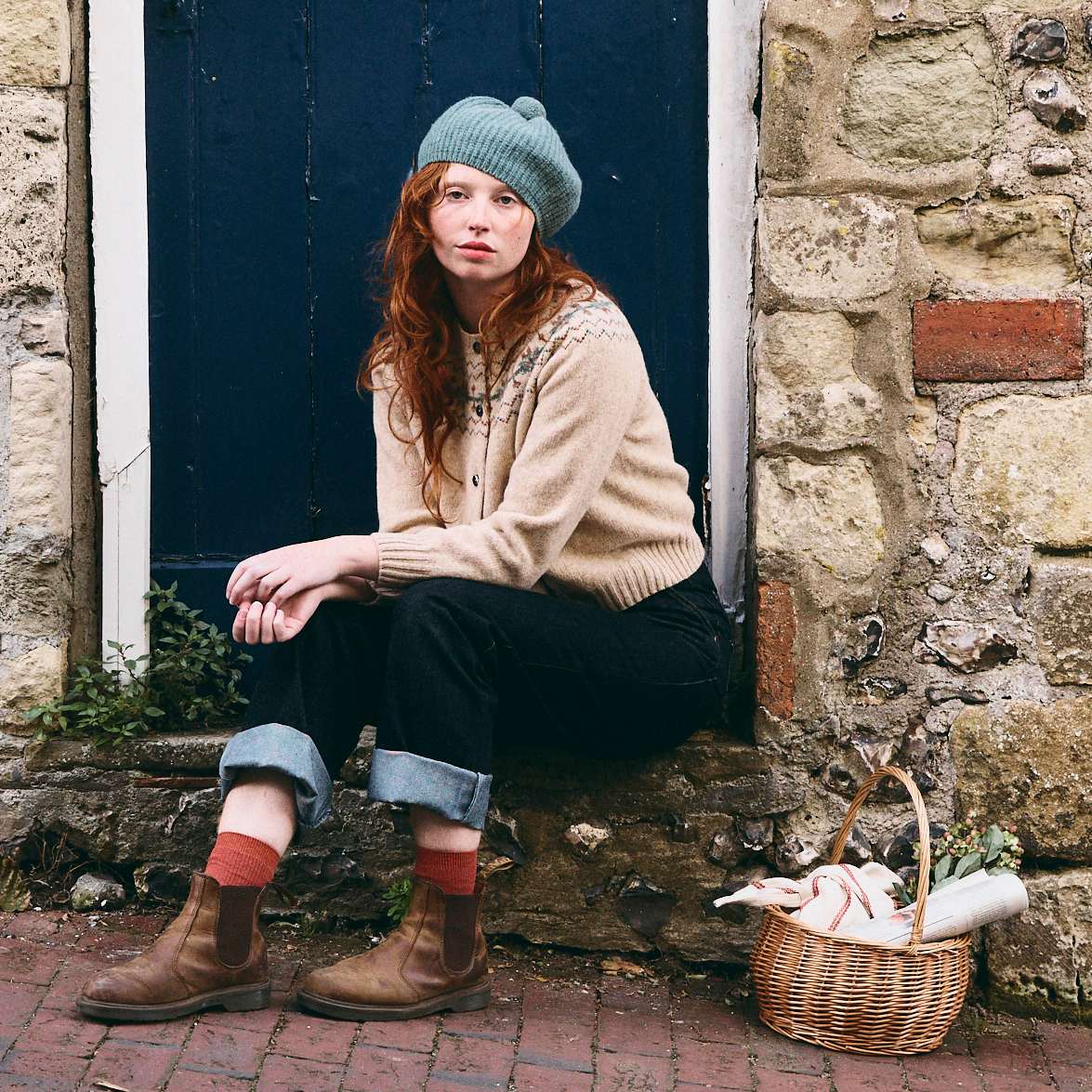 Ribbed Beret with Pom Pom - Dusty Teal
