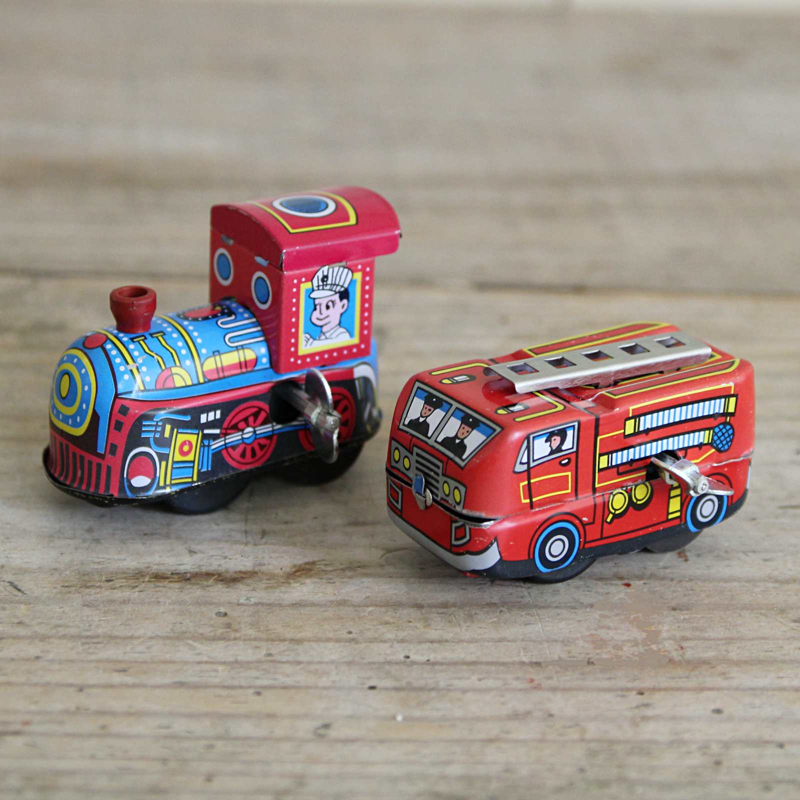 Wind-Up traditional toy fire engine and train