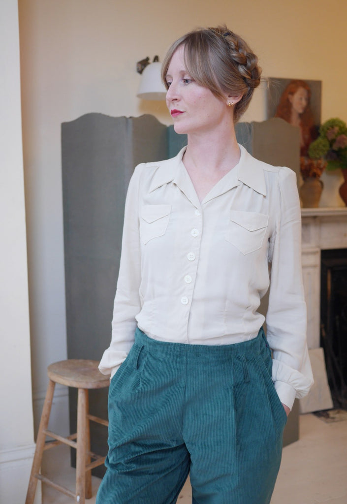 High waisted cord trousers with 1940's blouse