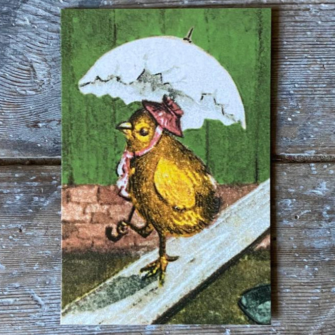 Vintage card chick with umbrella