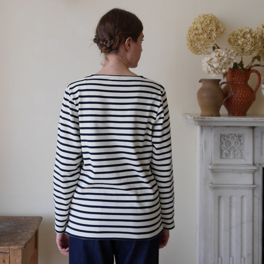 Breton top by Mousqueton back view in cream and navy colours