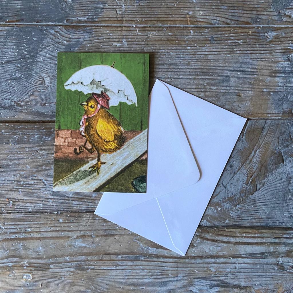 Vintage card chick with umbrella