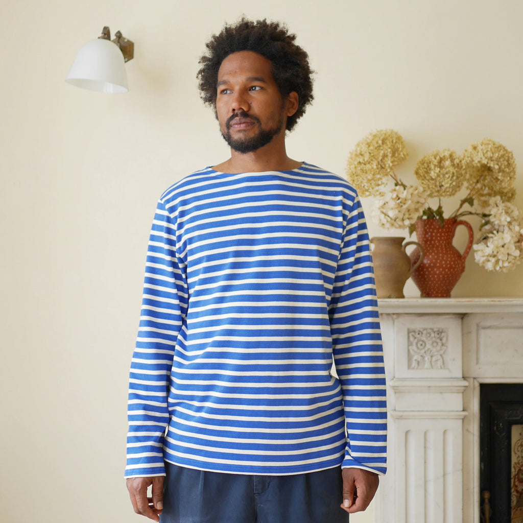 Breton top by Mousqueton on man - french blue and cream