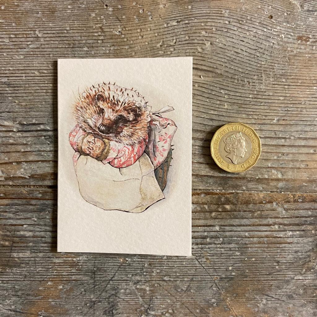 Miniature vintage cards by Beatrix Potter with hedgehog