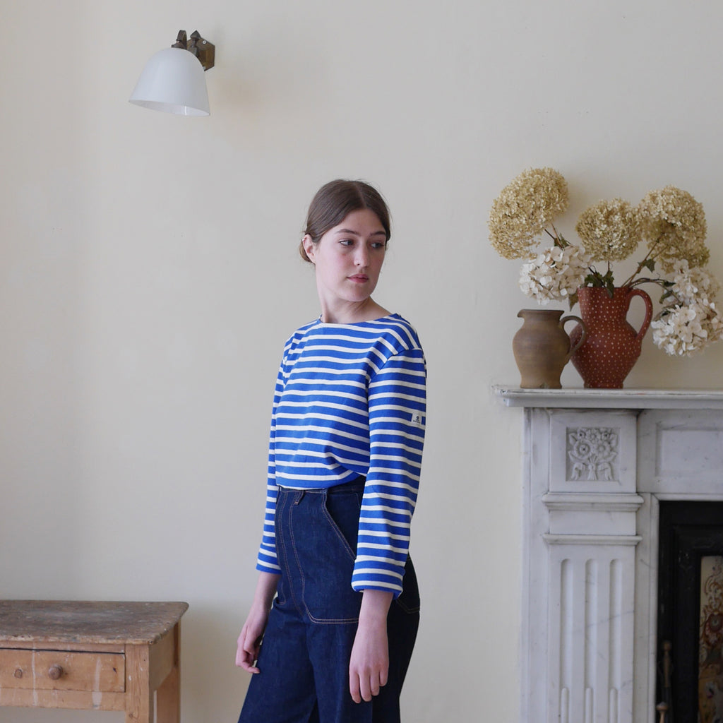 Breton top by Mousqueton in french blue and cream with jeans