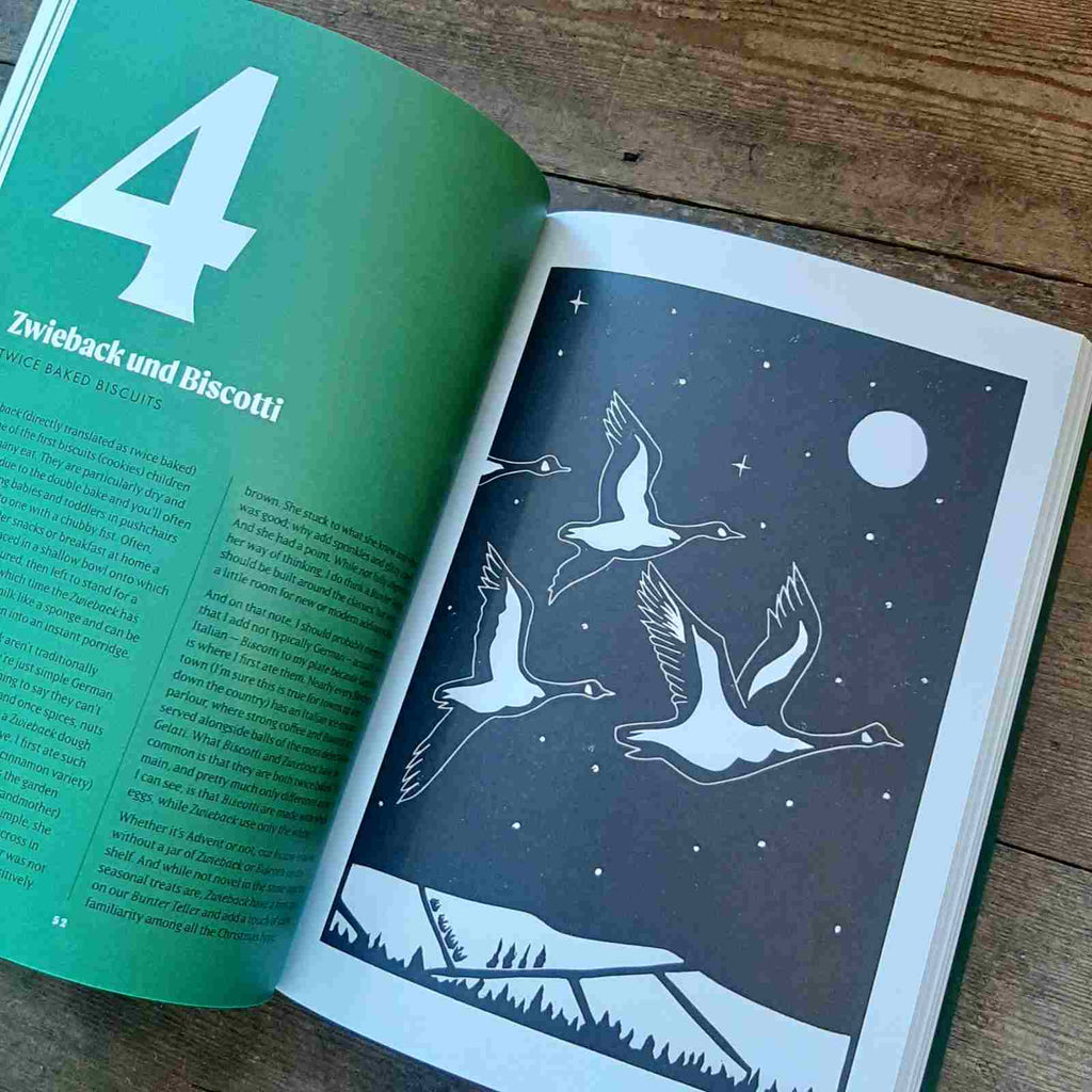 Advent book page example with geese artwork