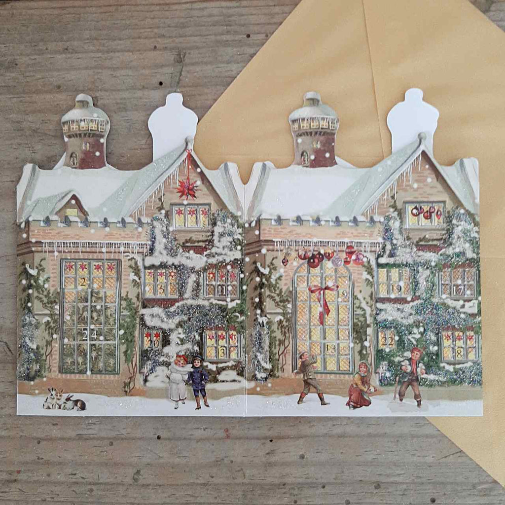 Mini Advent Lantern - Victorian House. Traditional German Advent Calendar Lantern with gold envelope