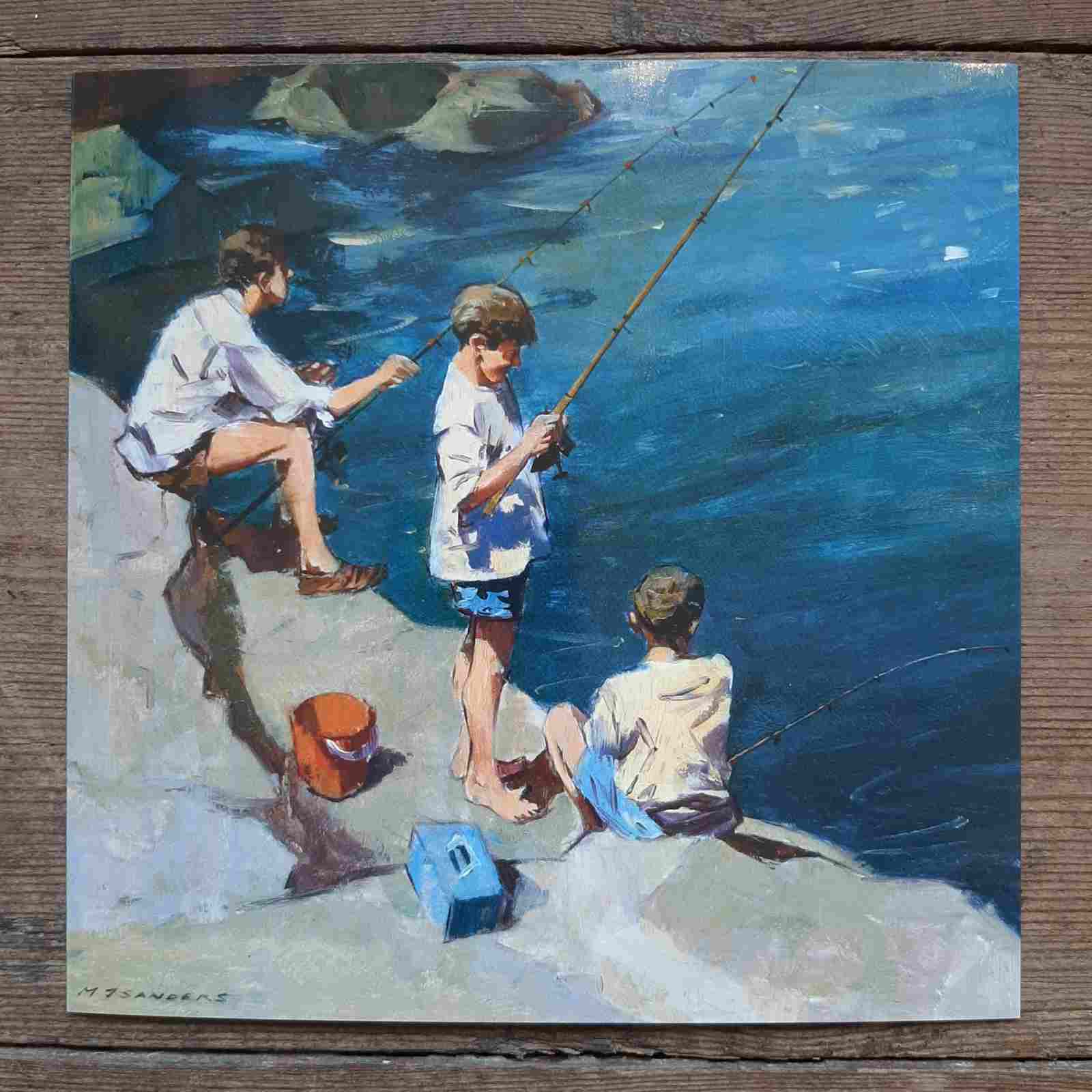 'Boys Fishing' vintage card