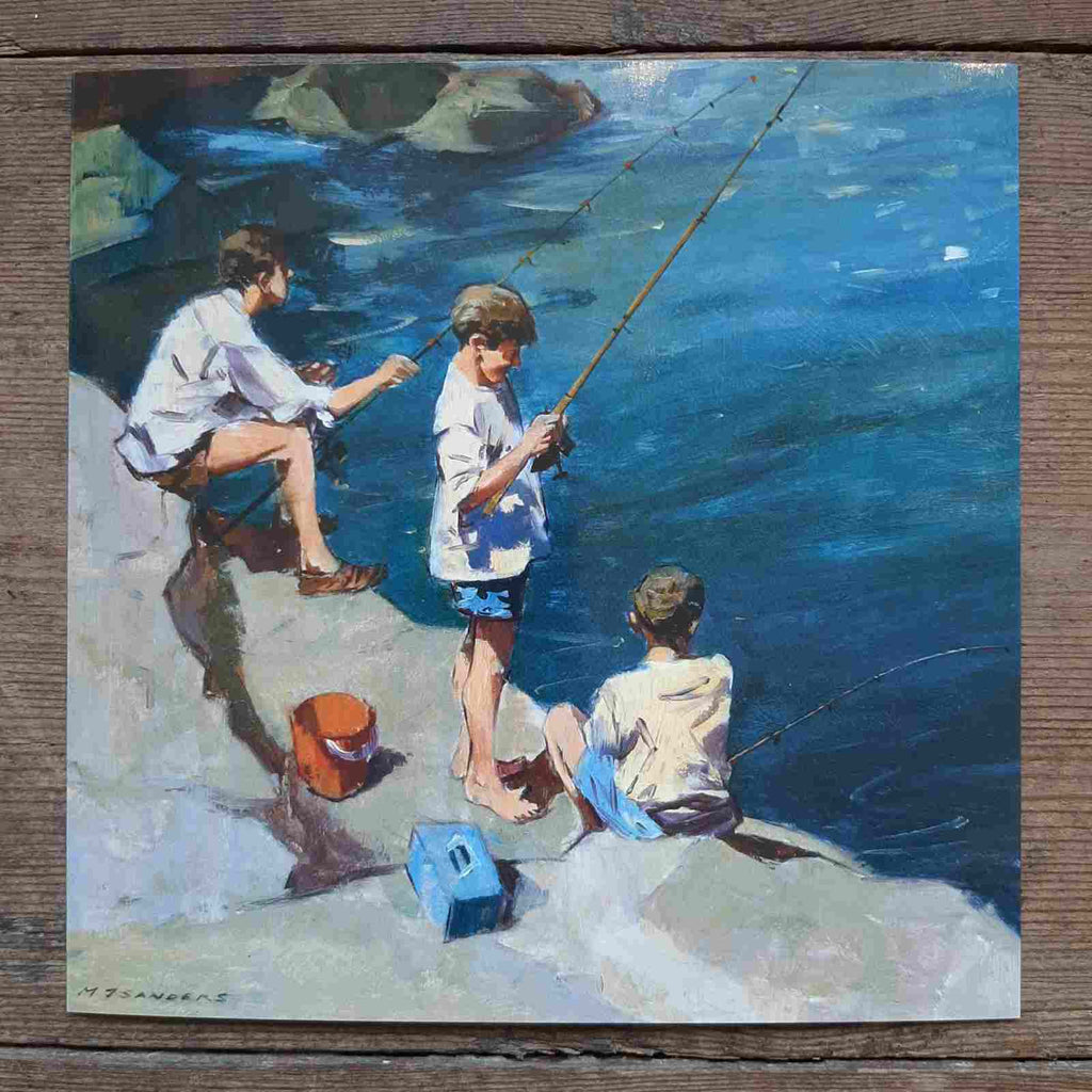 'Boys Fishing' vintage card