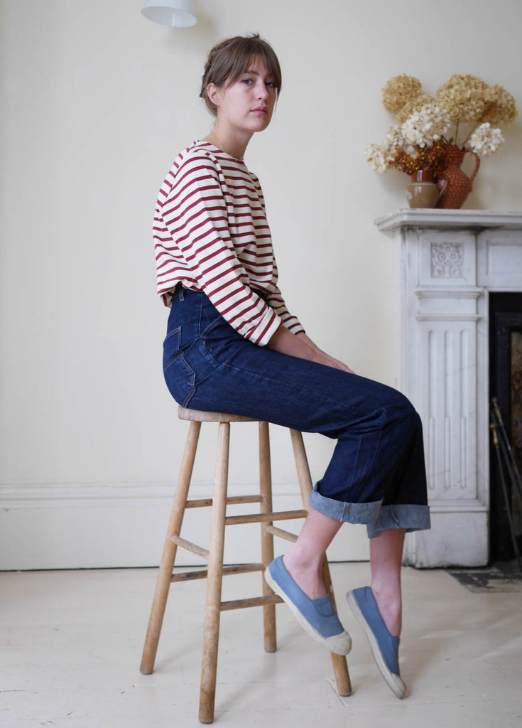 Breton top by Mousqueton on woman long sleeve striped in cream and brick colour