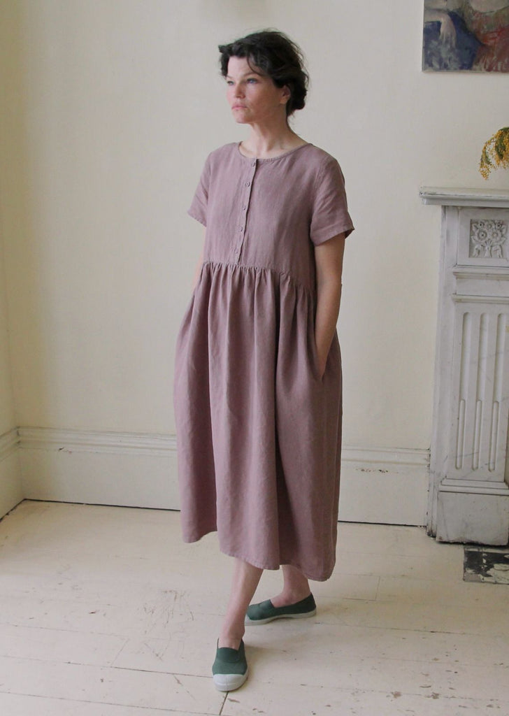 Handmade front button linen dress in Dusky Lavender with Bensimon plimsolls in Matcha Green