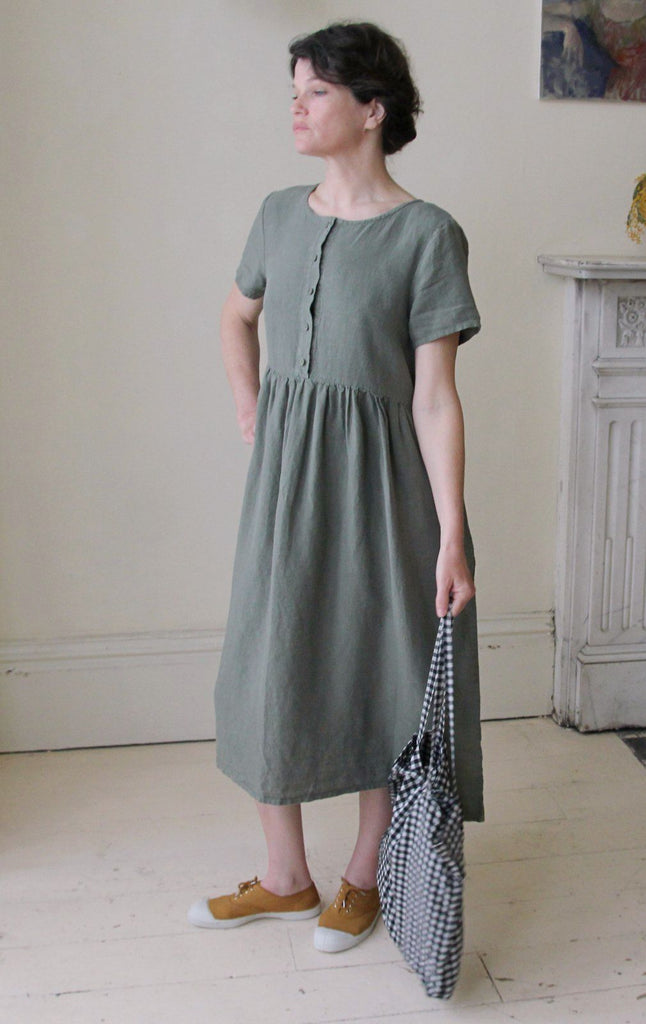 Handmade front button linen dress in Olive Green with black & white gingham tote bag