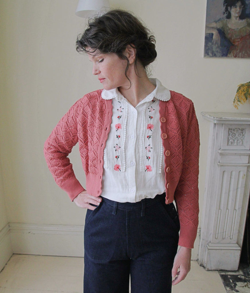 Vintage style Floral Embroidered Blouse with cropped cardigan