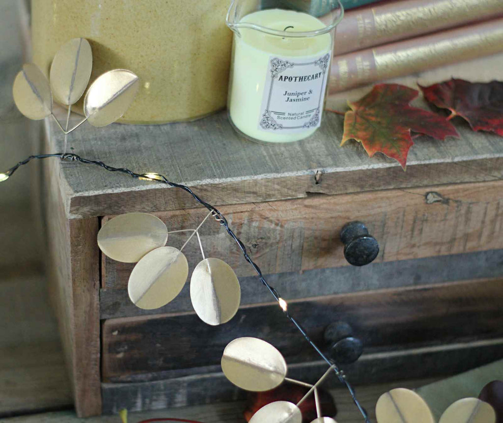 Gold Eucalyptus Fairy Lights, vintage lights for Autumn, gold Christmas lights