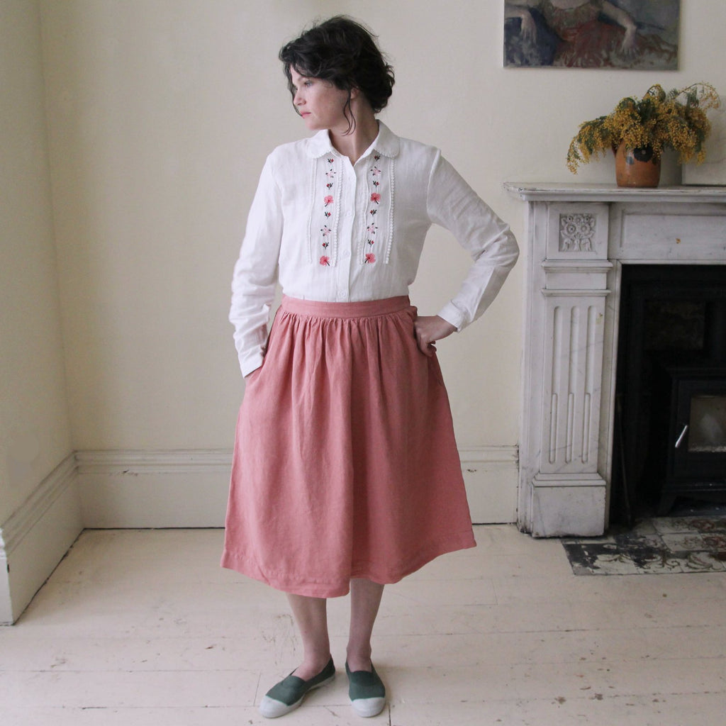 Linen High Waisted Skirt - Rose Pink with embroidered floral blouse