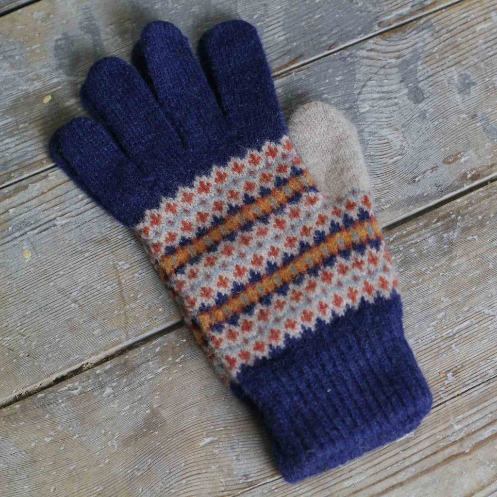 fair isle gloves in navy, red and yellow