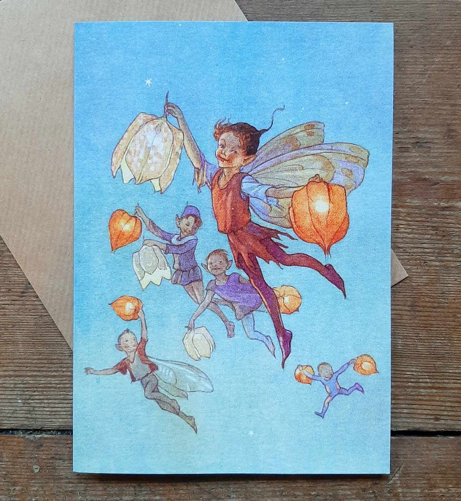 vintage card with Margaret Tarrant illustration of lantern fairies