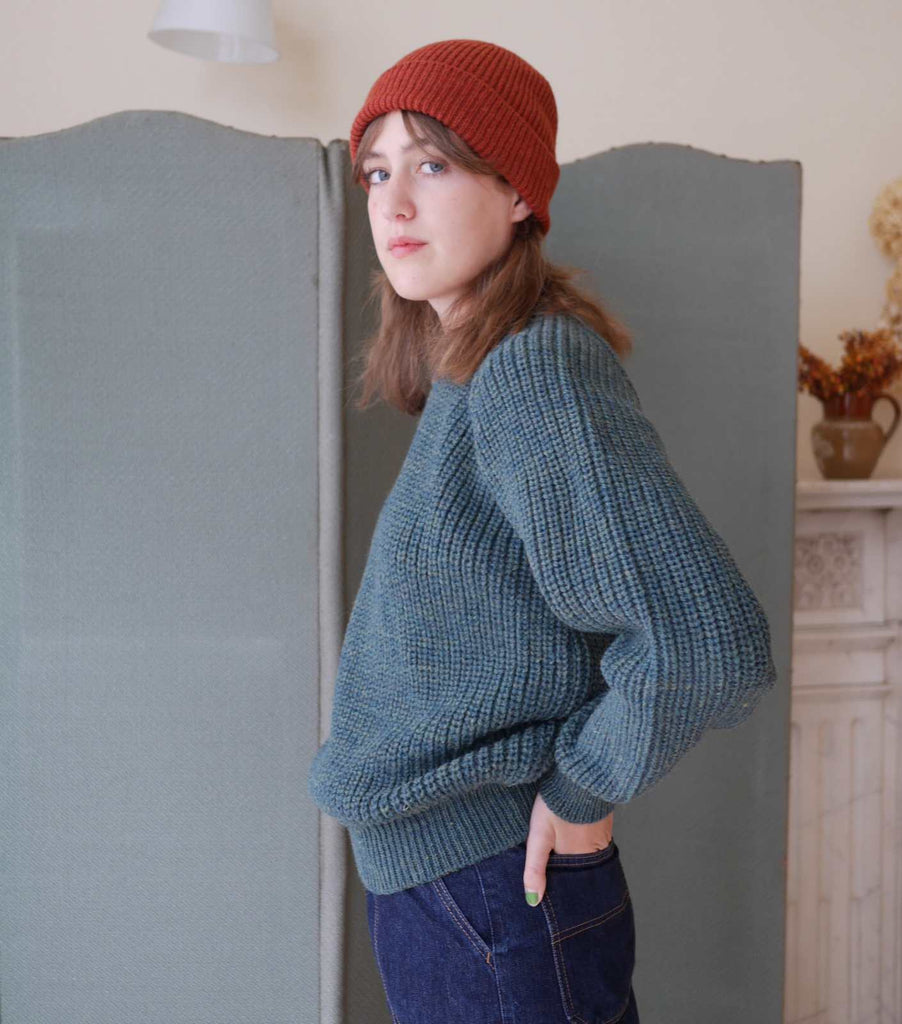 Unisex Fisherman's Jumper with rust wool ribbed hat