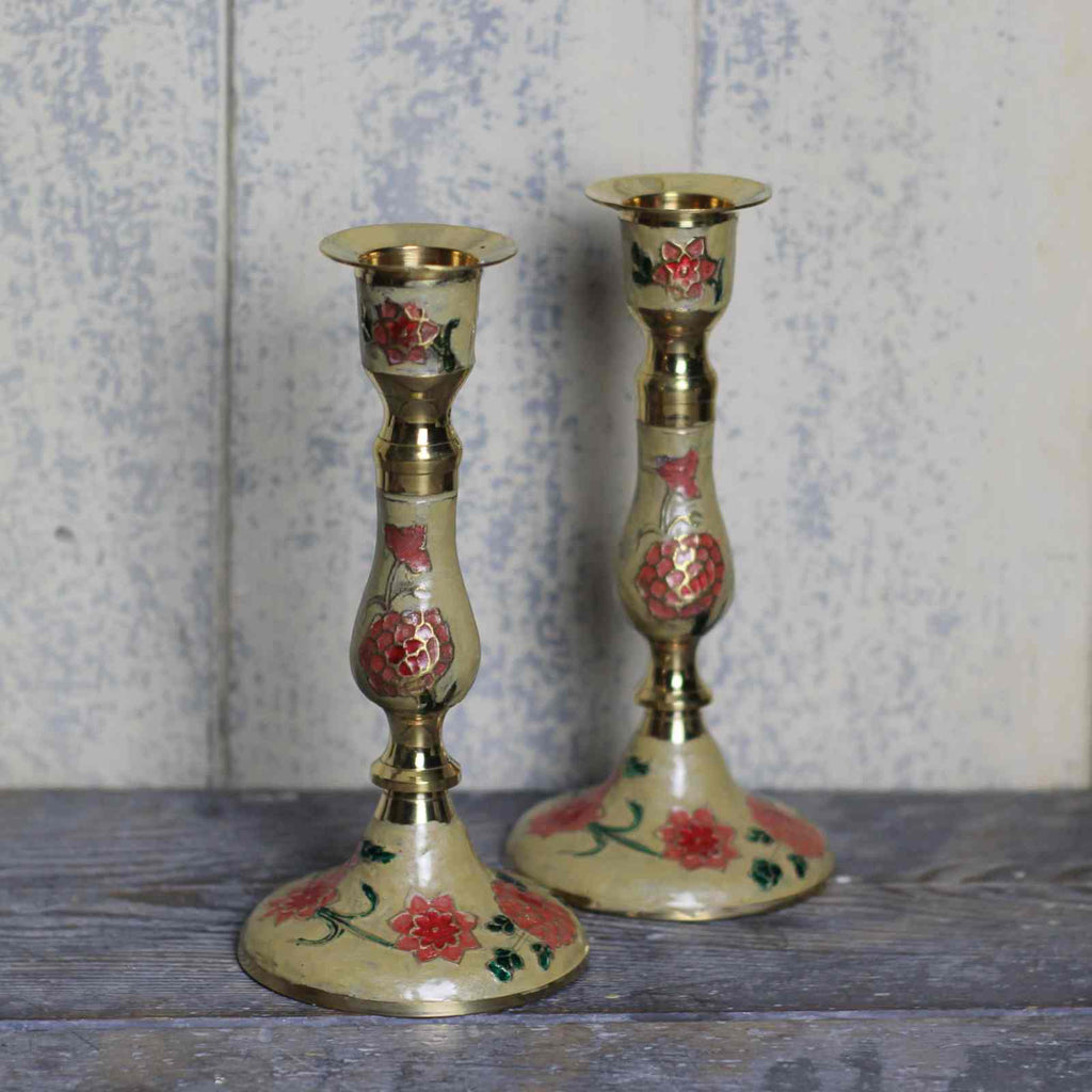 Candlestick with floral enamelled pattern