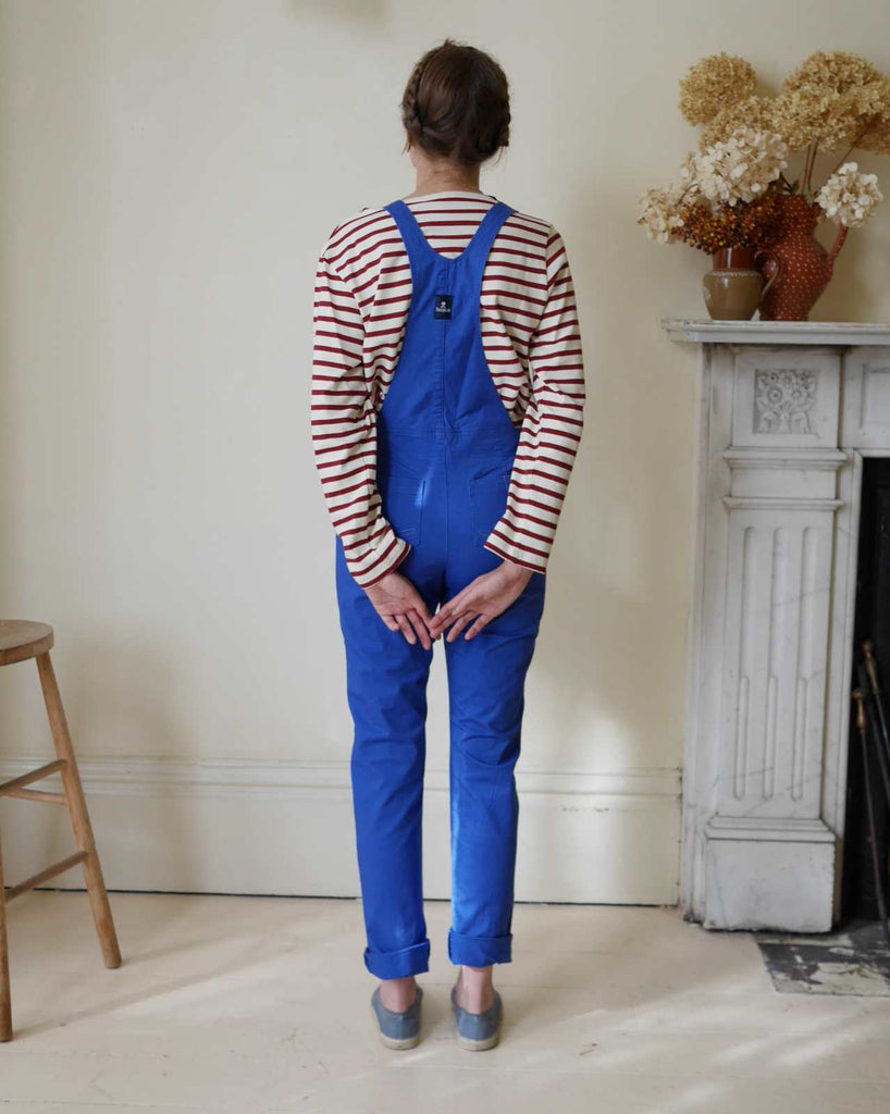 womens cotton dungarees in french blue back