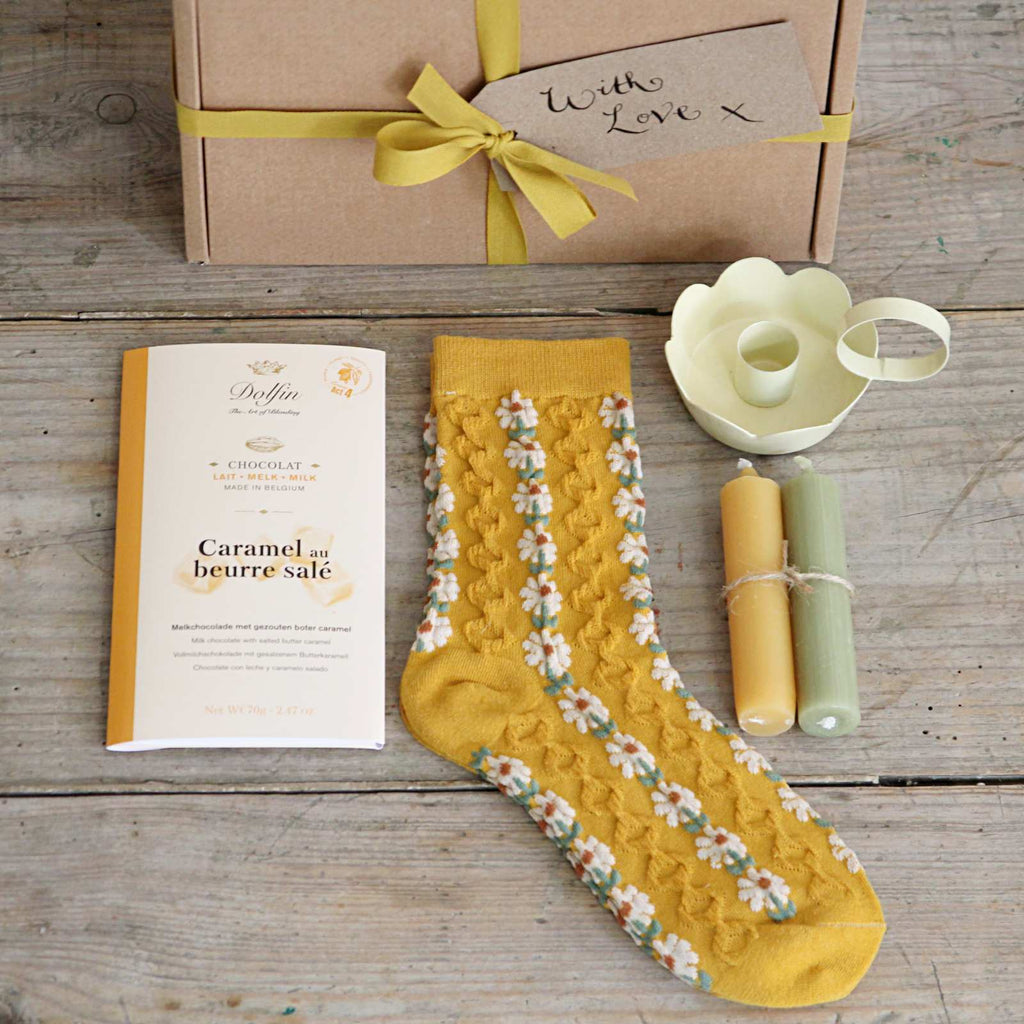 Boxed Gift - Daisy socks, Salted Caramel chocolate, and candle holder and candles