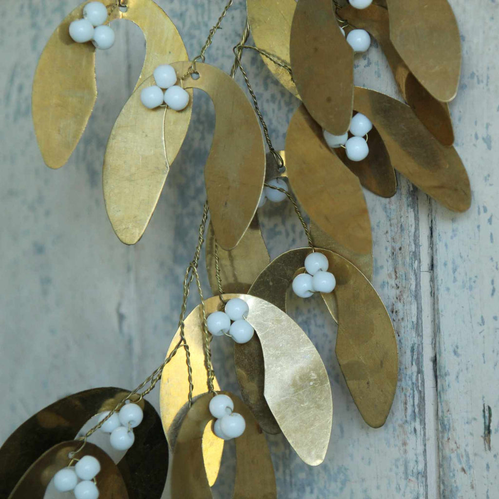 Large Gold Mistletoe & White Beads, beautiful vintage hanging Christmas decoration detail