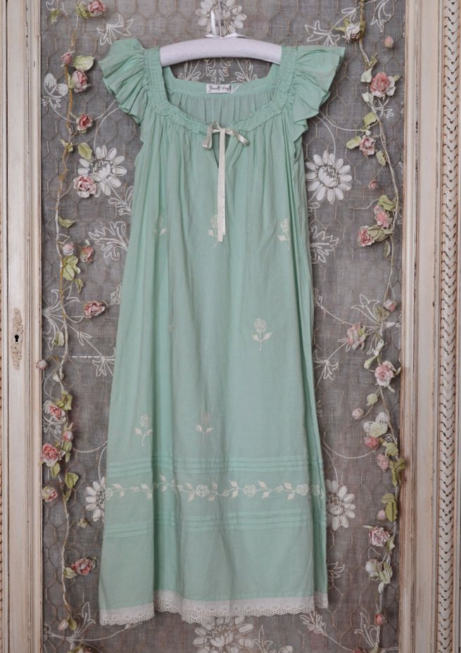 Pale Green Cotton Nightdress - Rose Embroidery