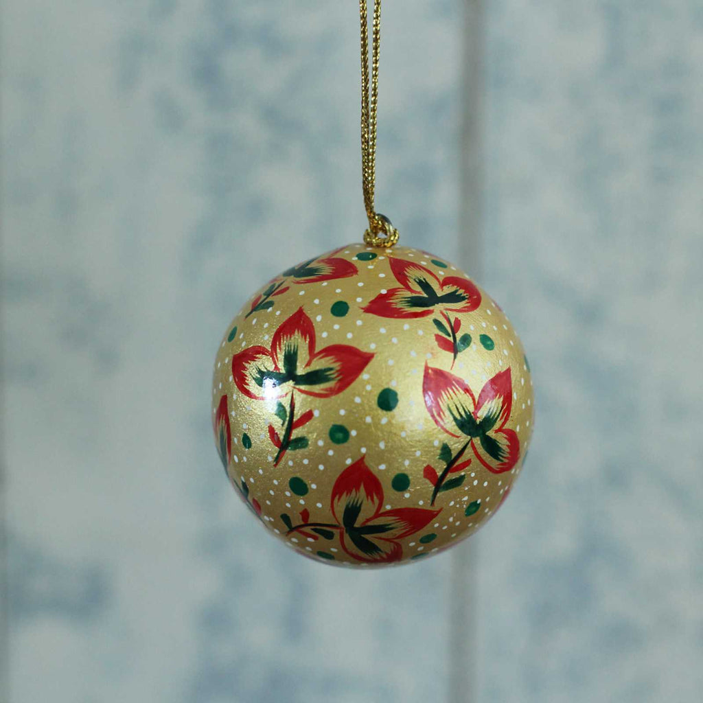 Hand Painted Bauble - Red & Gold Leaf, vintage Christmas Decorations