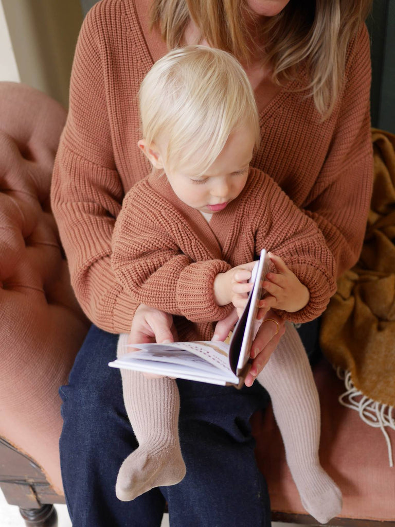 Women's and Children's cotton ribbed cardigan in Cinnamon, mama and me