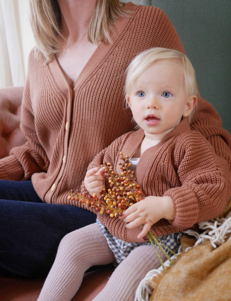 Women's and Children's cotton ribbed cardigan in Cinnamon, mama and me