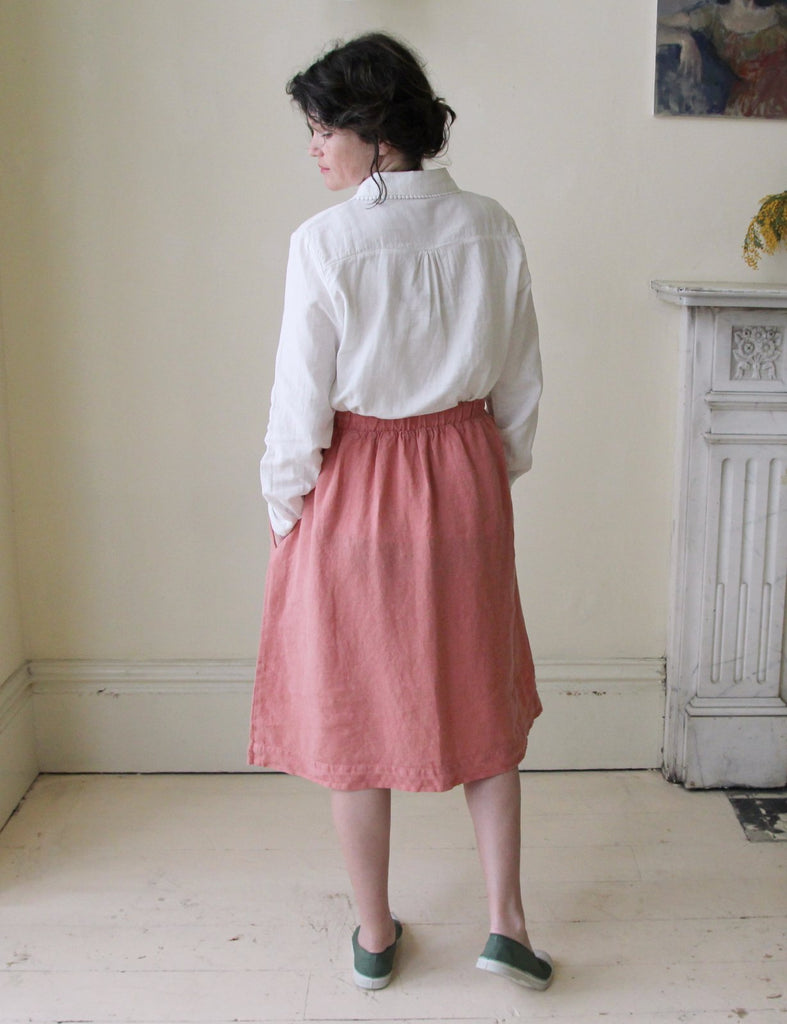 Linen High Waisted Skirt - Rose Pink back view