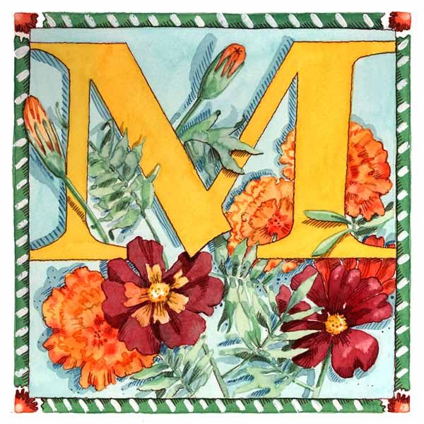 Vintage Card with Botanical Alphabet letter M