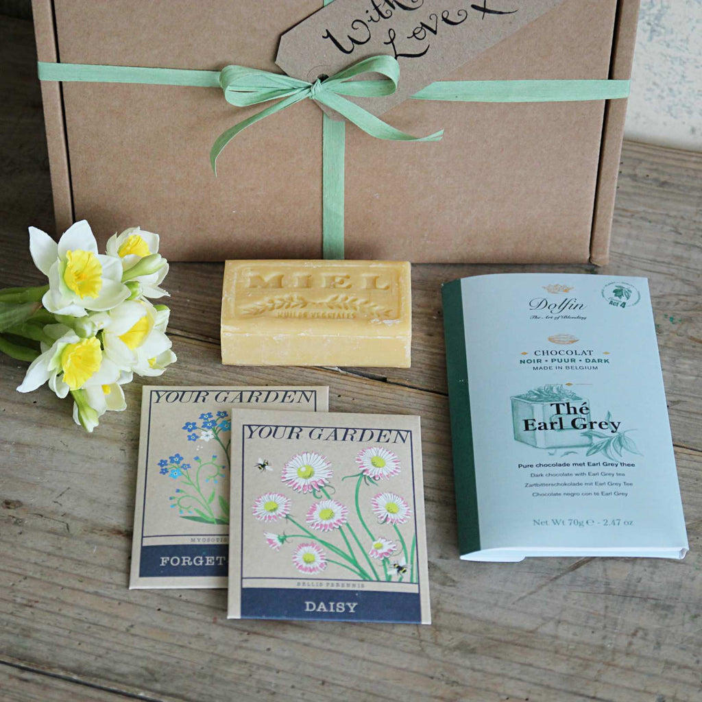 Boxed Gift - Spring Daffodils, chocolate, soap and garden seeds