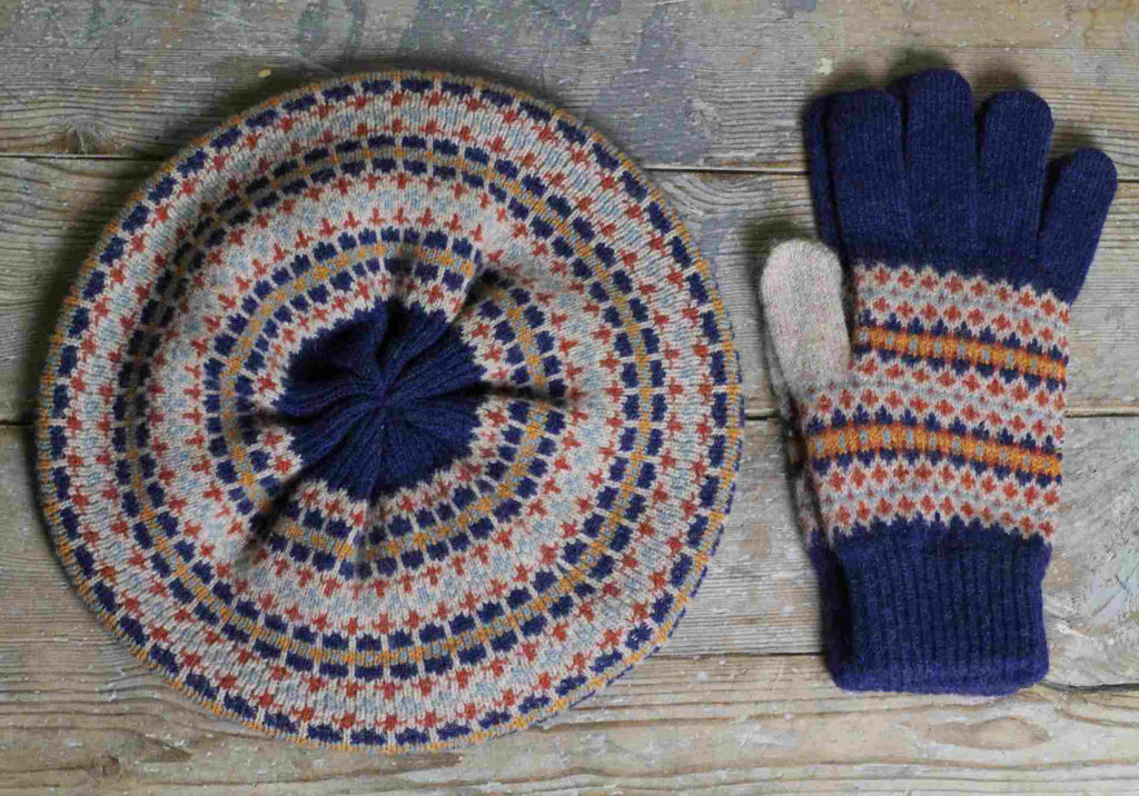 fair isle gloves with matching fair isle beret in navy