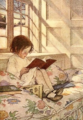 Vintage card ' Picture Books in Winter' by Jessie Wilcox Smith detail