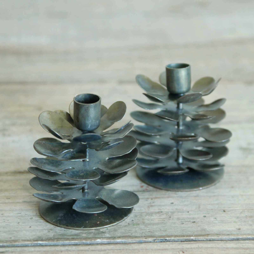 Brass Pine Cone Taper Candle Holders