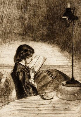 'Reading by Lamplight' Vintage Card by James Abbot McNeill Whistler detail