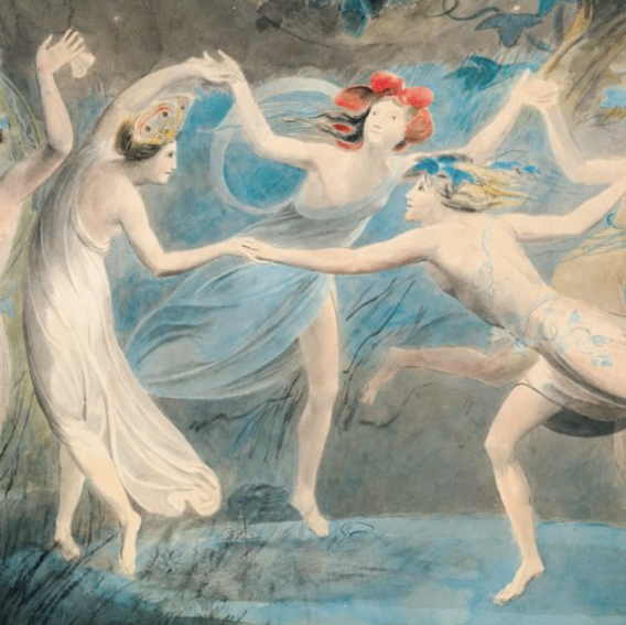 Vintage card 'Oberon, Titania and Puck' by William Blake detail