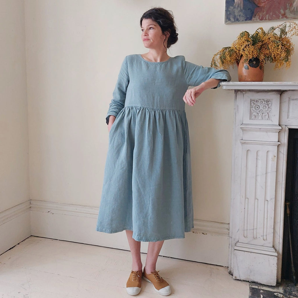 Handmade Linen Smock Dress in Duck Egg