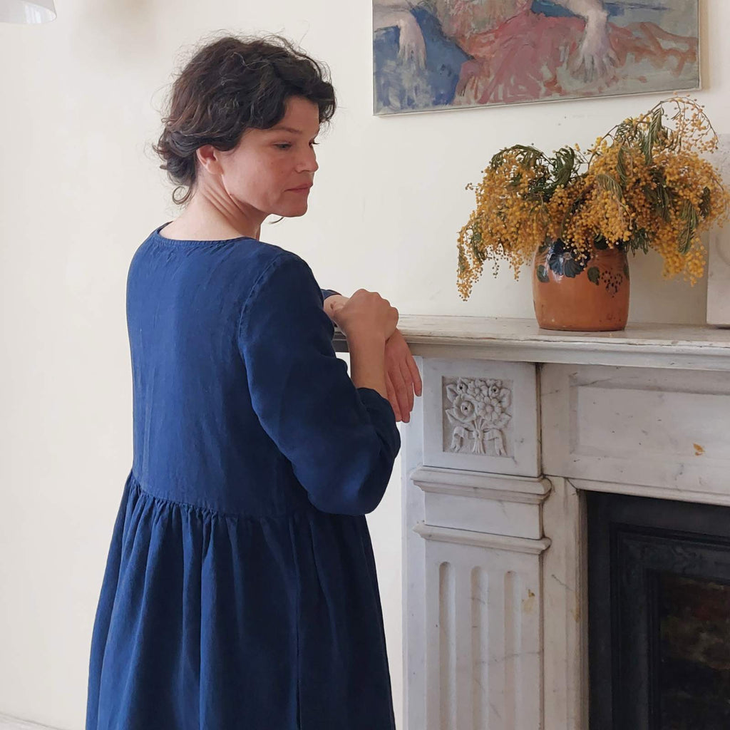 Handmade Linen Smock Dress in Navy back