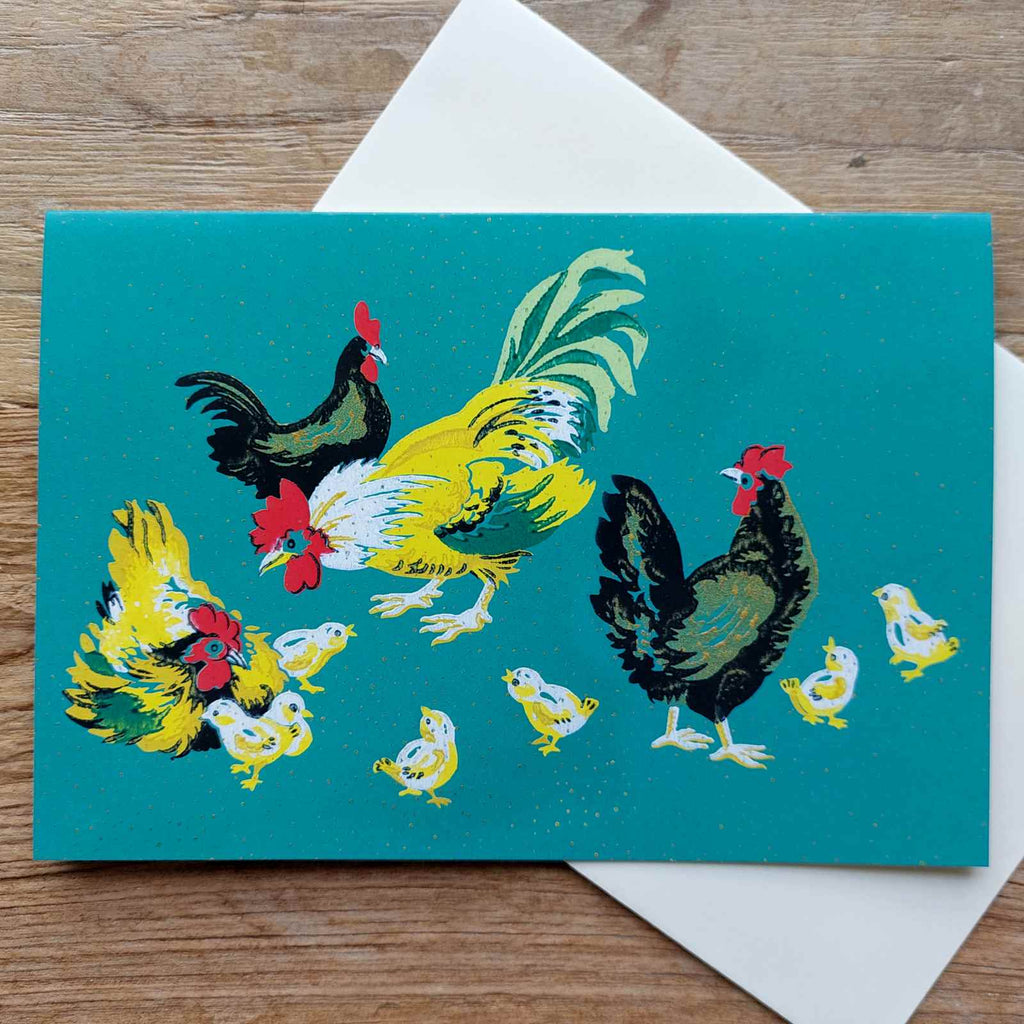 Chickens and Chicks Teal Greeting Card, a lovely card for Easter and Spring